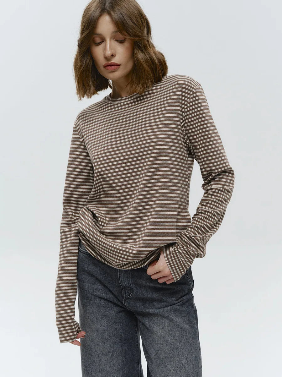 Damen Baumwolle Langarm gestreiftes T-Shirt