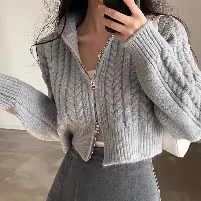 Damen Strick-Cardigan mit Reißverschluss und langen Ärmeln