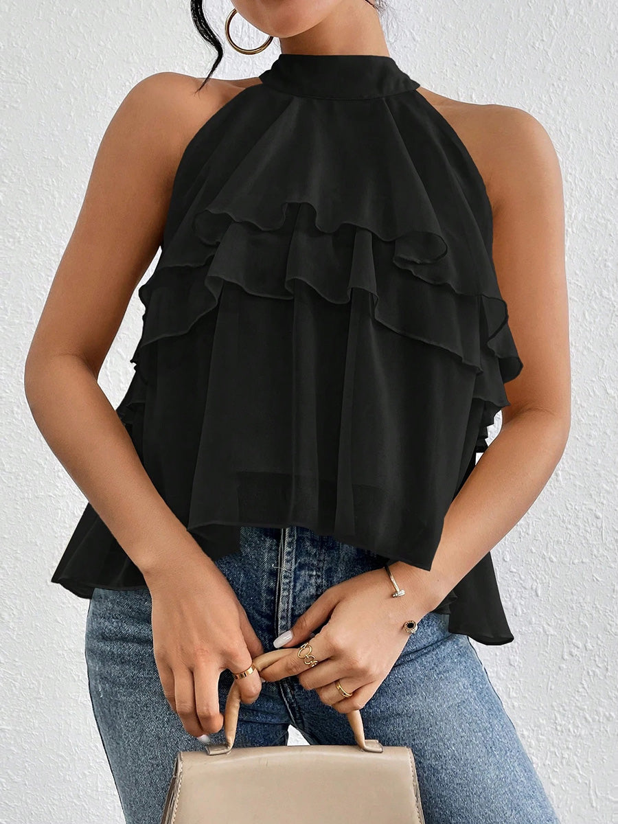 Detailansicht der Volants am Damen Neckholder-Tanktop aus Chiffon