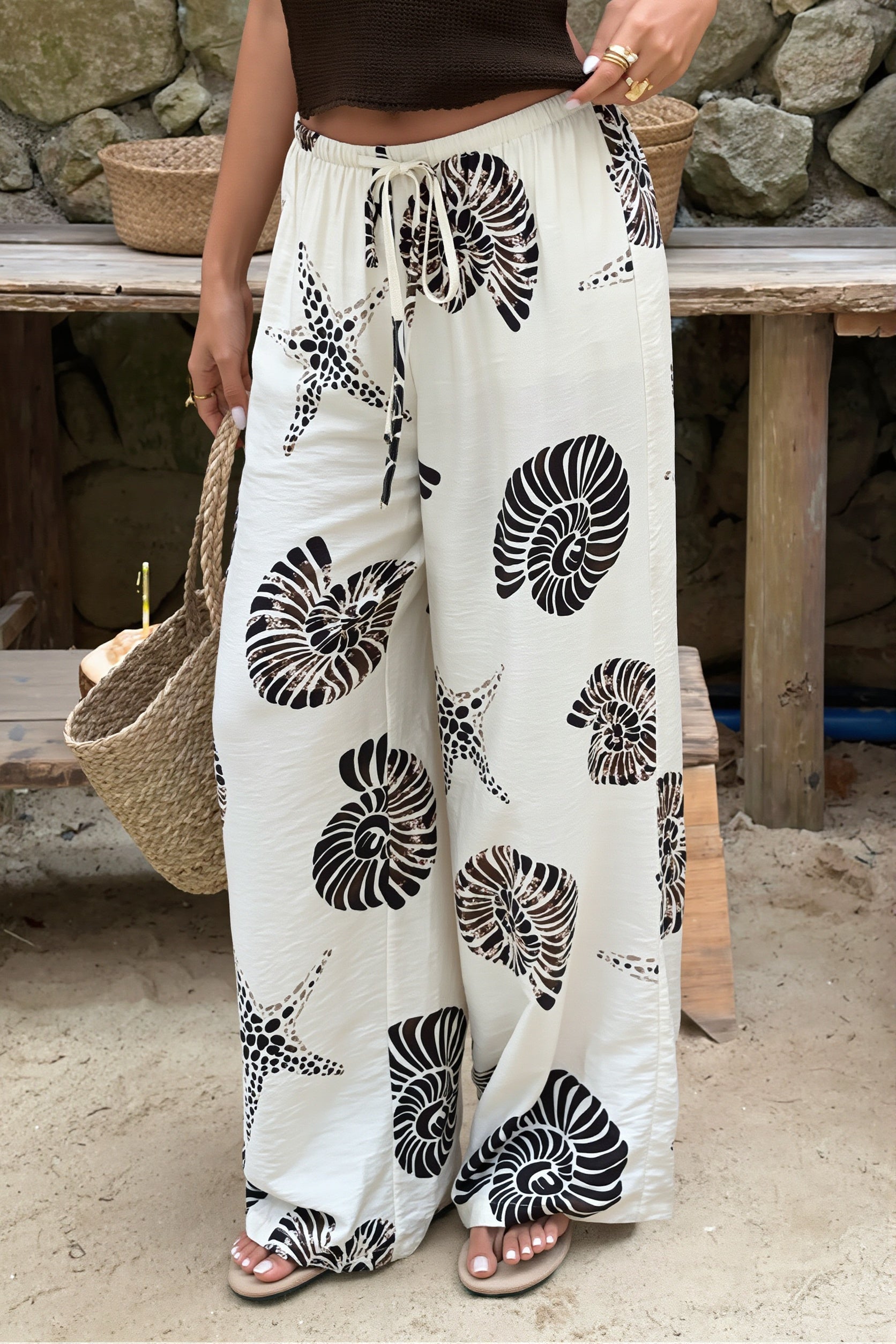 Damen weite Hose mit Print und Bindeband im getragenen Look