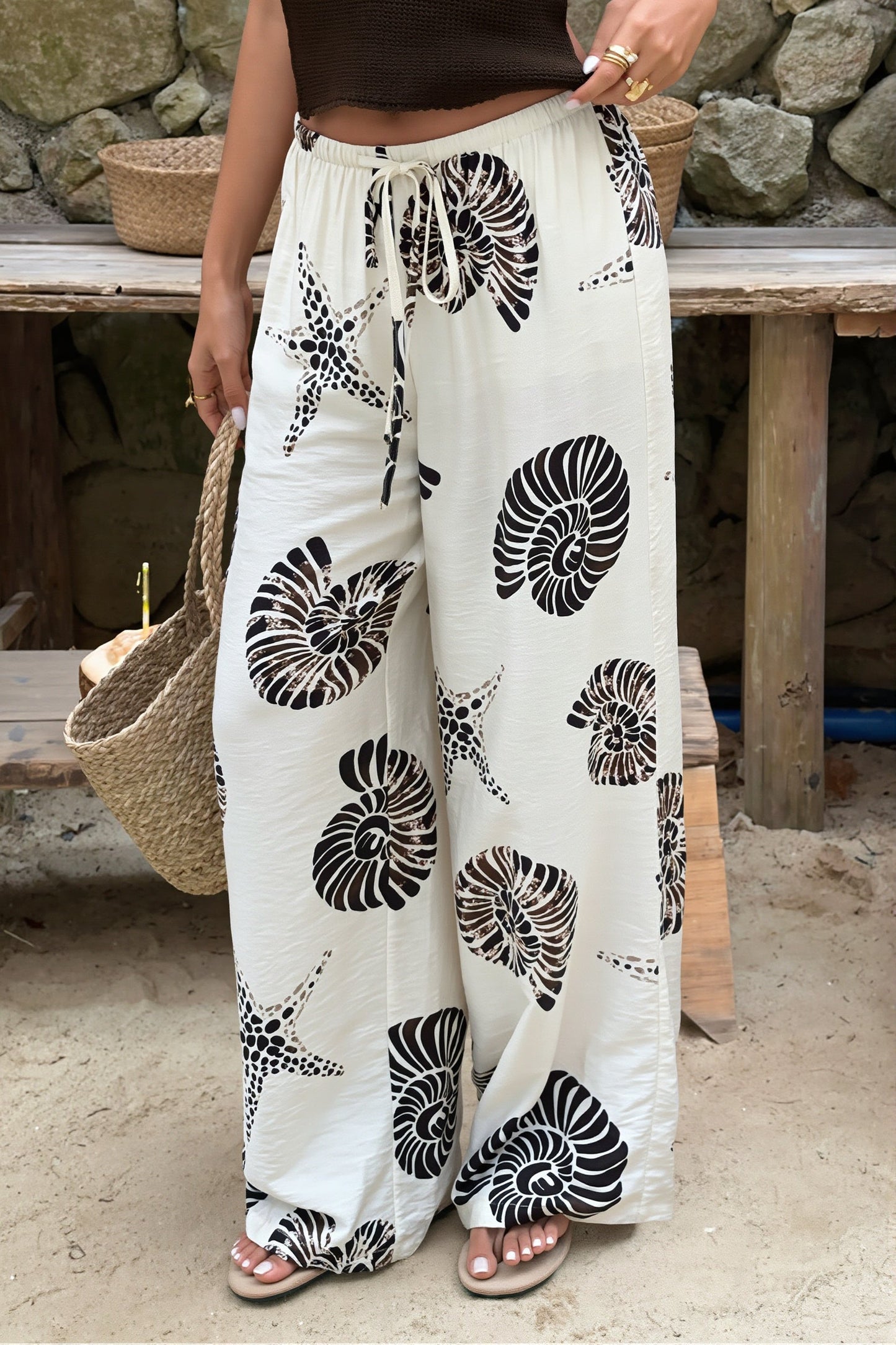 Damen Weite Hose Mit Print Und Bindeband