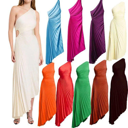 Ein-Schulter Faltenrock Poly Georgette Midi Kleid