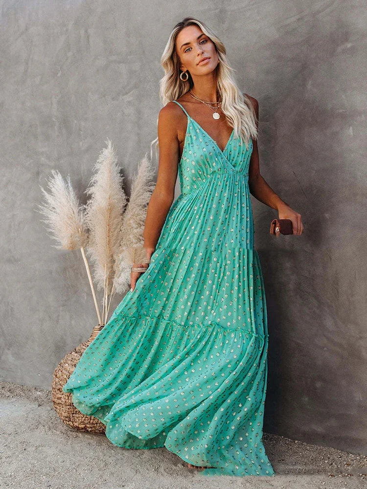 Boho Chic grünes langes Sommerkleid