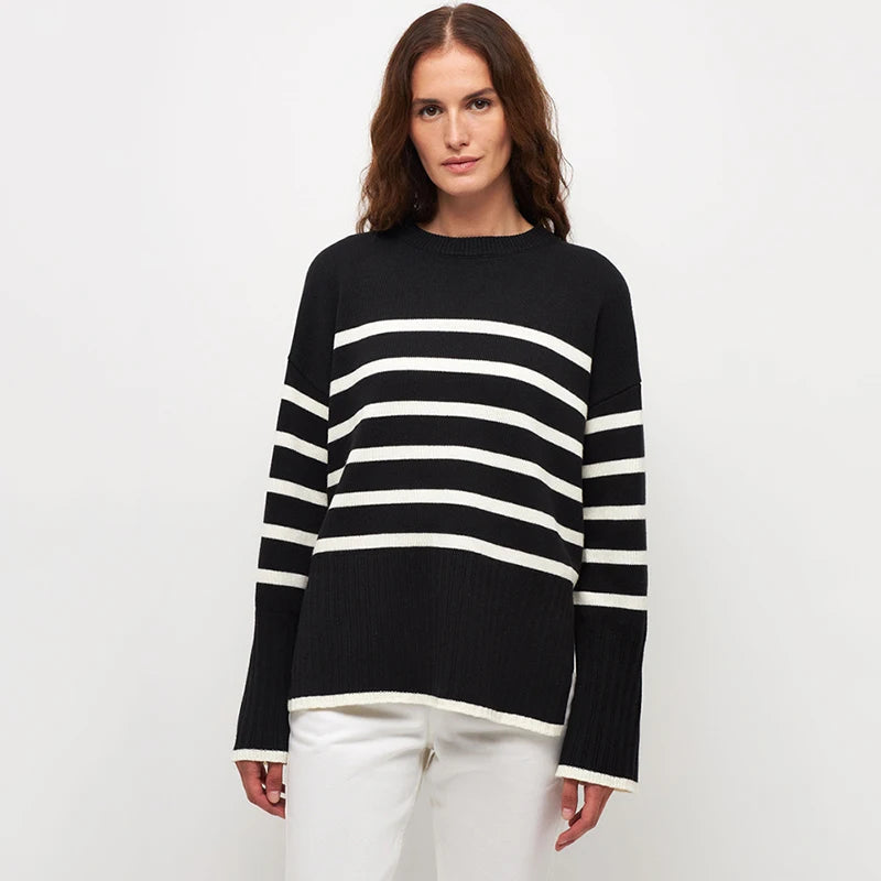 Damen Oversize Gestreifter Strickpullover