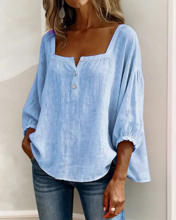 Baumwollbluse mit quadratischem Ausschnitt und langen Ärmeln