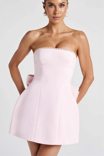 Damen Mini Kleid Trägerlos Mit Schleife Und Bubikragen