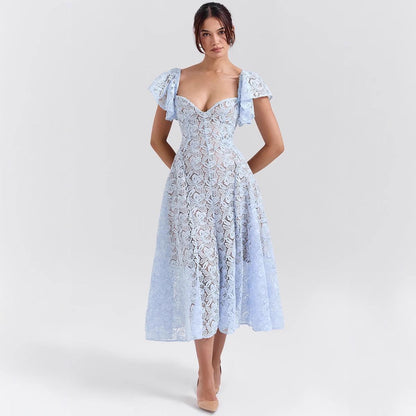 Spitzen Kleid mit Glockenärmeln Midi Blau