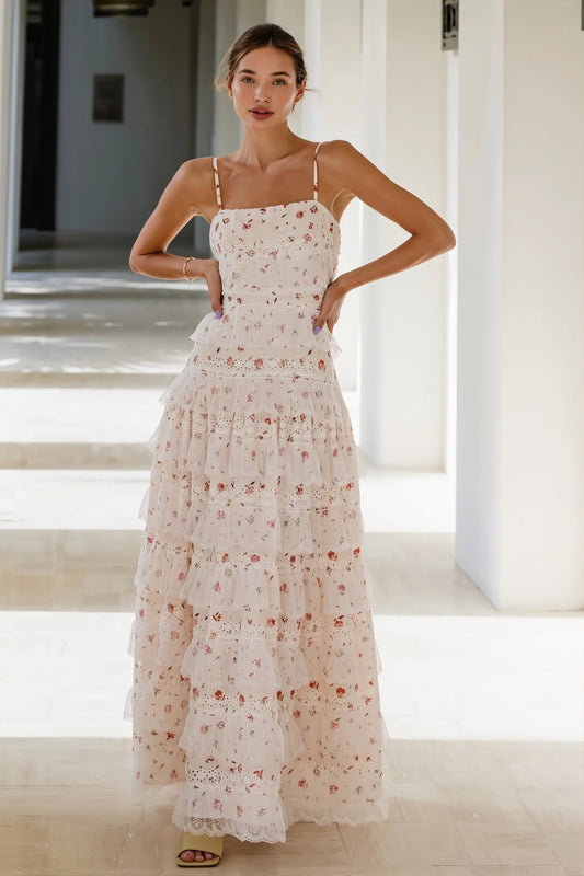 Damen Maxikleid mit Volants, V-Ausschnitt und Allover-Print in Vorderansicht