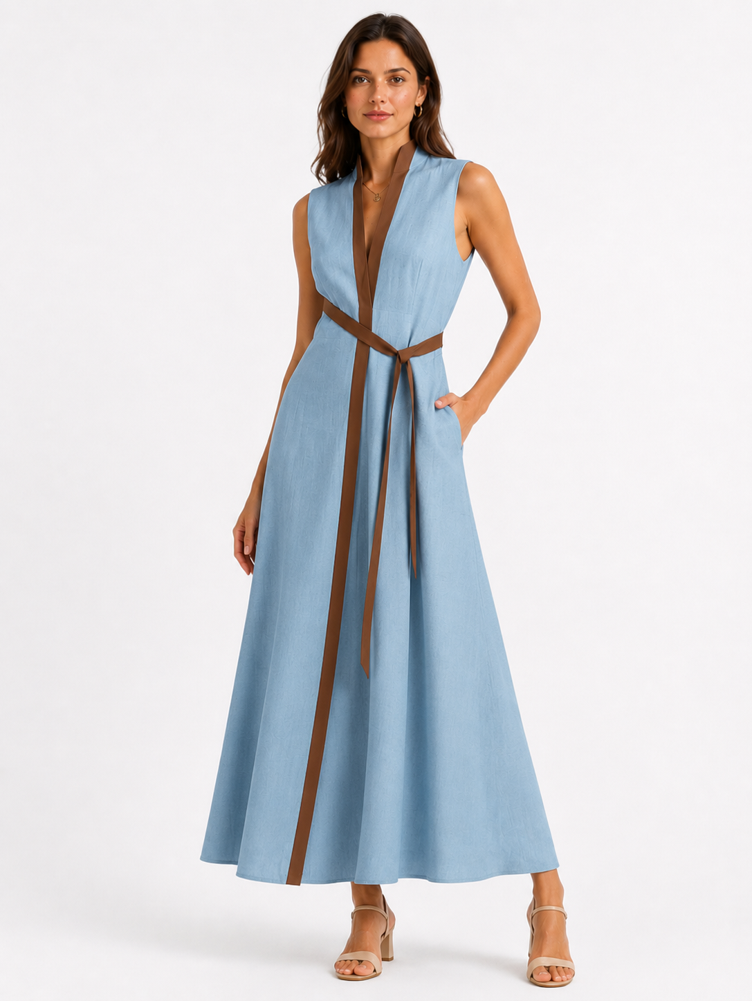 Ärmelloses Midikleid für Damen mit Stehkragen, lockere Passform
