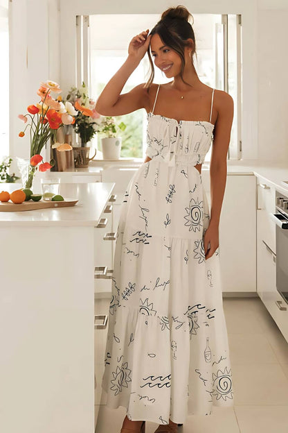 Bedrucktes Midi-Kleid aus Polyester mit Spaghettiträgern in Weiß