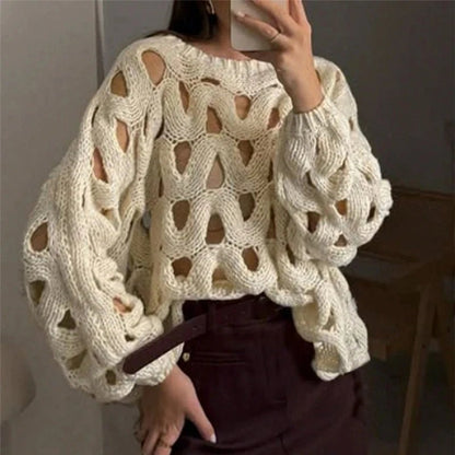 Langärmliger gehäkelter Strickpullover