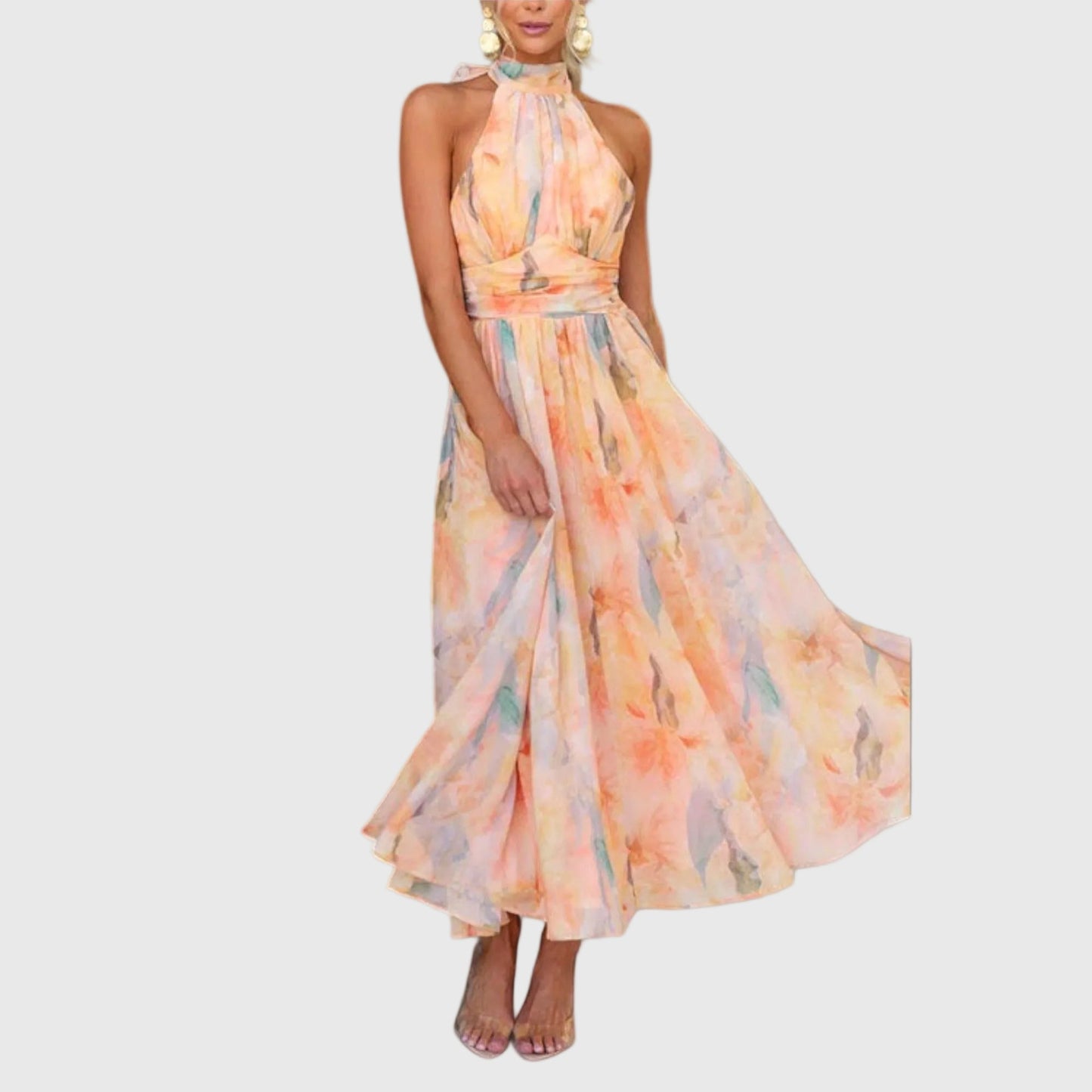 Elegantes Maxikleid für Damen mit Neckholder und farbigem Print