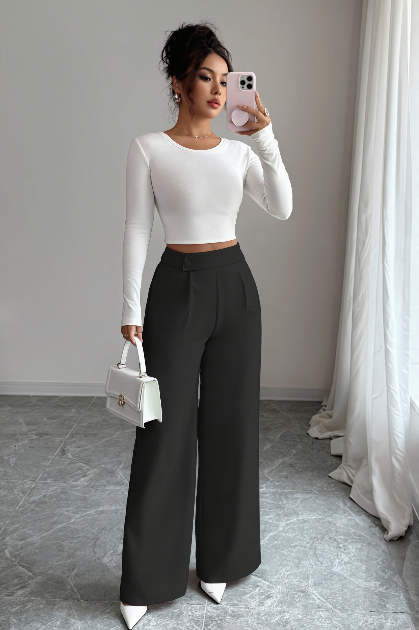 Damen High-Waist-Hose mit Knopfleiste und weitem Bein von schräg vorn