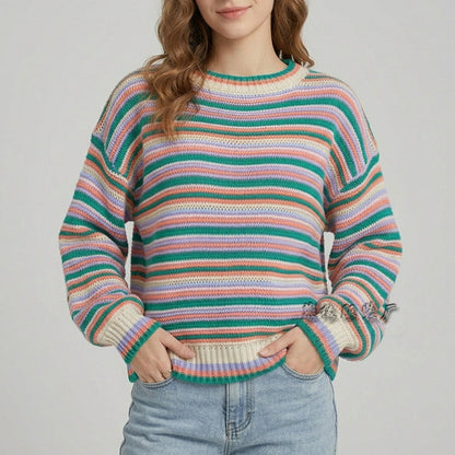 Damen Gestreifter Strickpullover Mit Rundhalsausschnitt Oversize