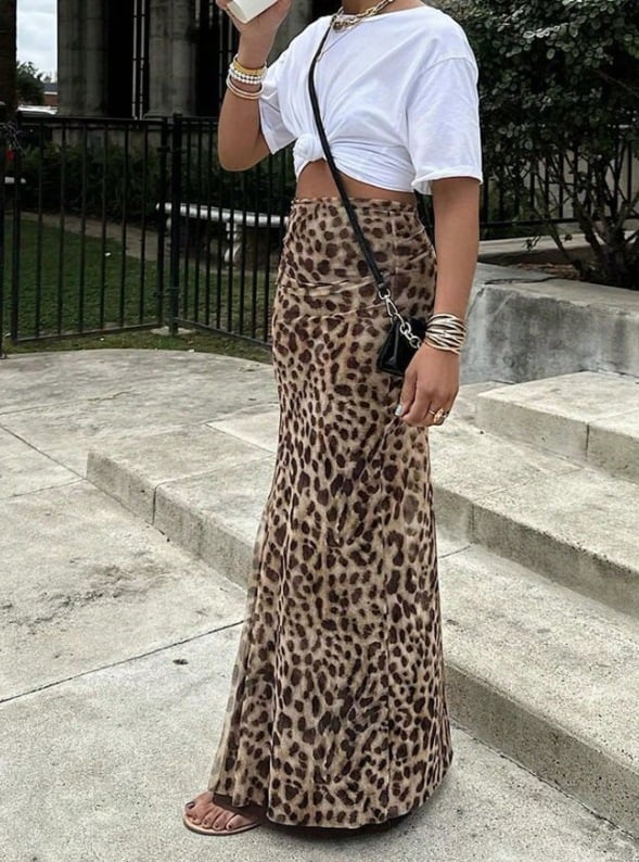 Damen-Maxirock mit Leopardenprint und hohem Bund