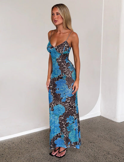 Floral bedrucktes Bodycon-Maxikleid mit Sweetheart-Ausschnitt in Blau