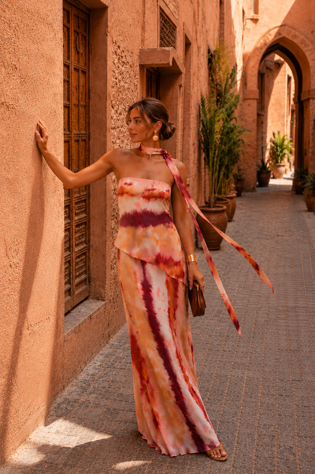 Trägerloses Maxikleid für Damen mit fließendem Fall und Schal im Gesamtlook