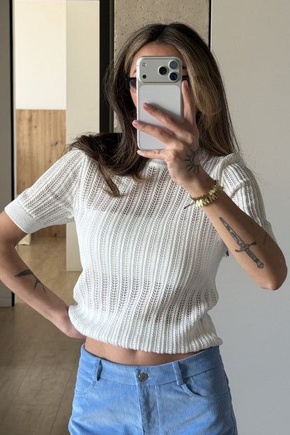 Kurzarm-Pullover für Damen mit dekorativem Lochstrick