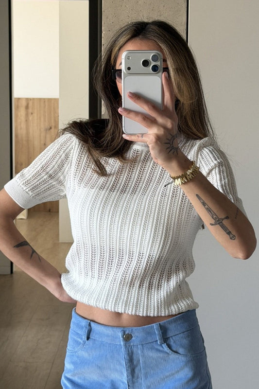 Kurzarm-Pullover für Damen mit dekorativem Lochstrick