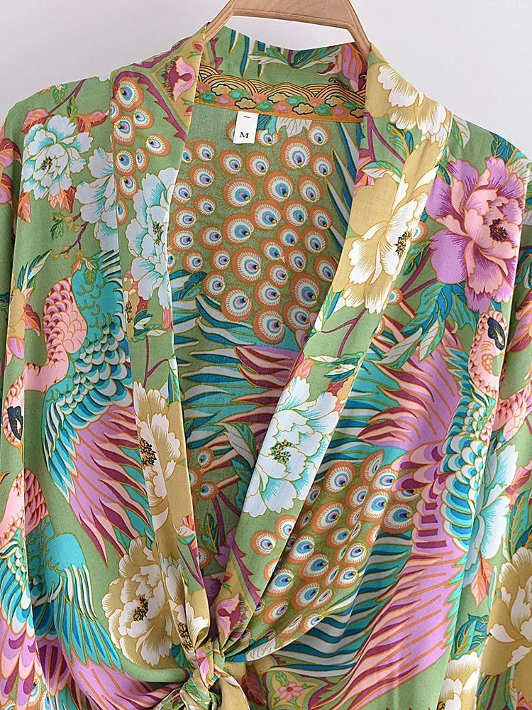 Damen Kurz Rayon Blumiger Kimono Strandüberwurf