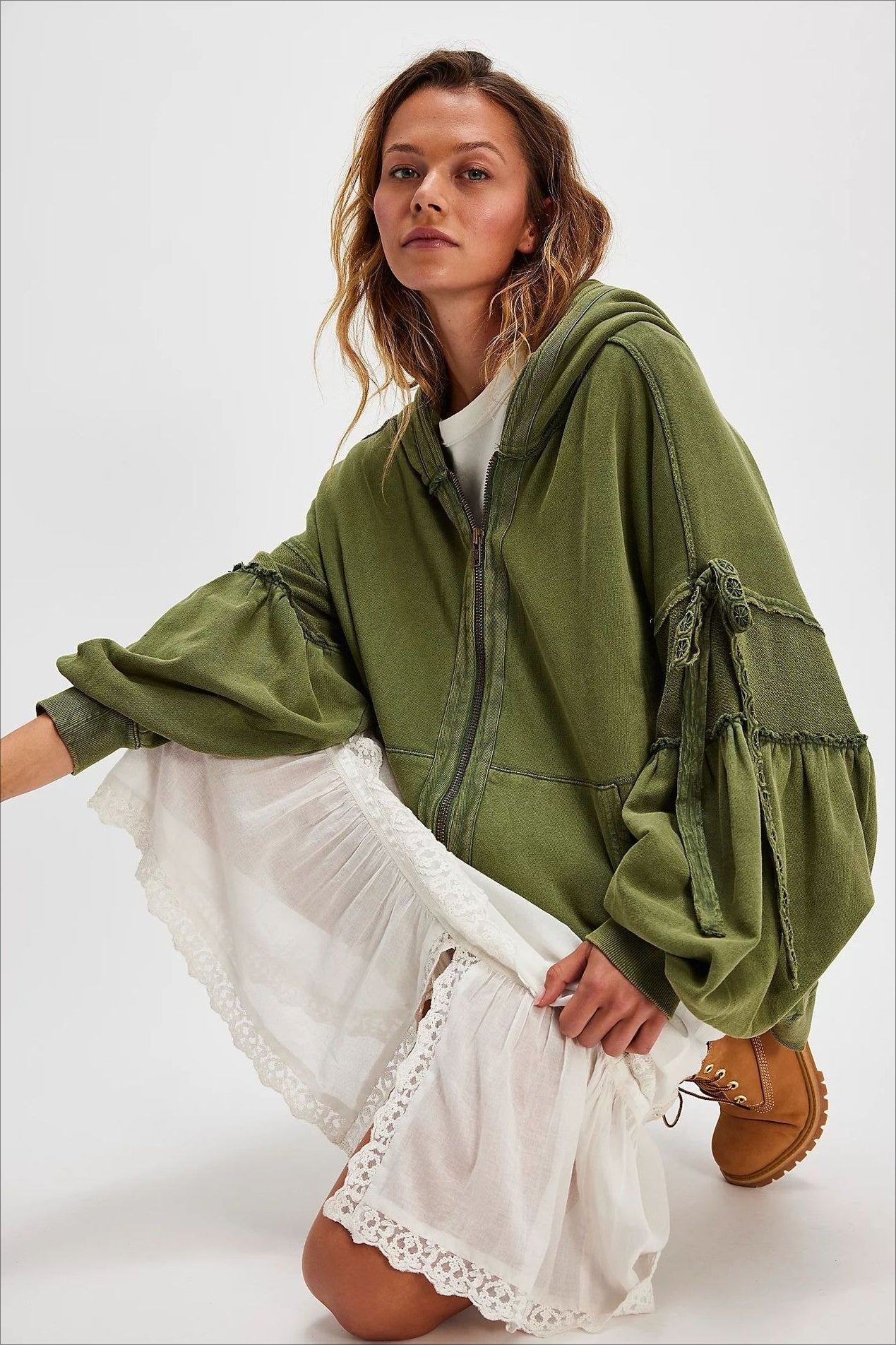 Damen Zip Hoodie Mit Schnürärmeln Oversized