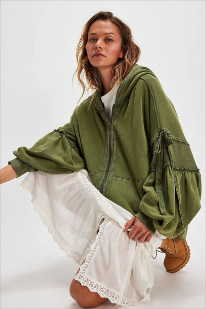 Damen Zip Hoodie Mit Schnürärmeln Oversized