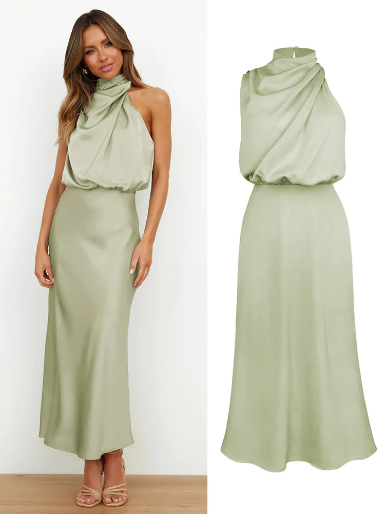 Damen Satin Midi Kleid mit asymmetrischem Ausschnitt