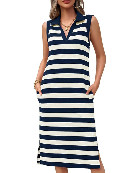 Damen Midikleid mit Streifen, V-Ausschnitt und Polokragen in Vorderansicht