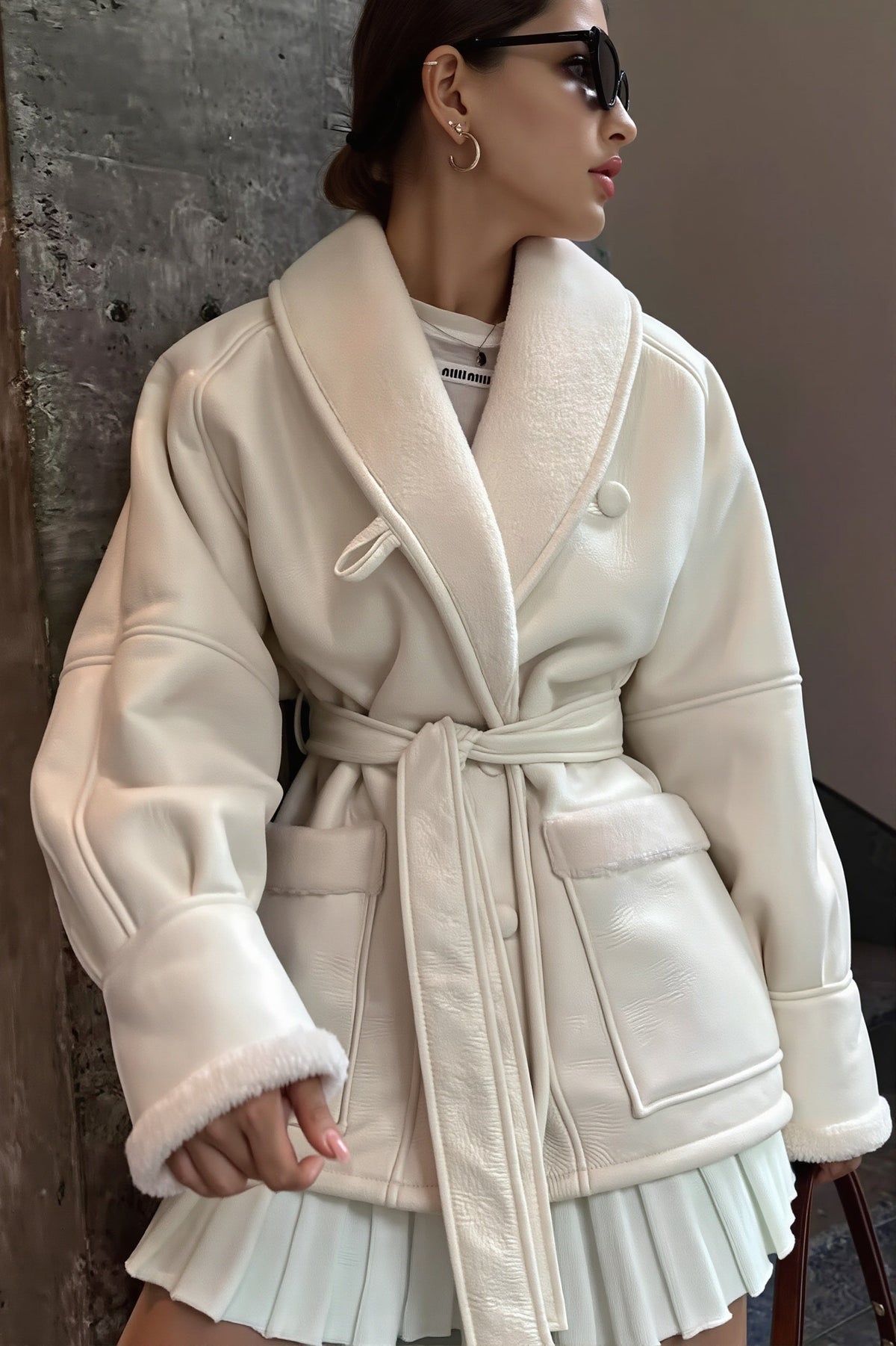 Damen Longline Mantel Aus Kunstleder Mit Bindegürtel