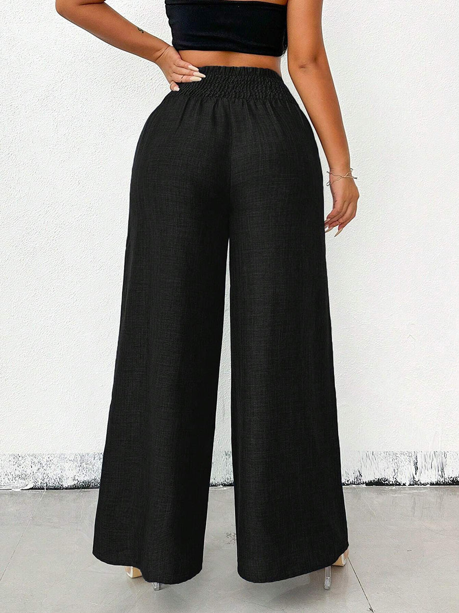 Damen weite High-Waist-Hose mit elastischem Bund und weitem Bein