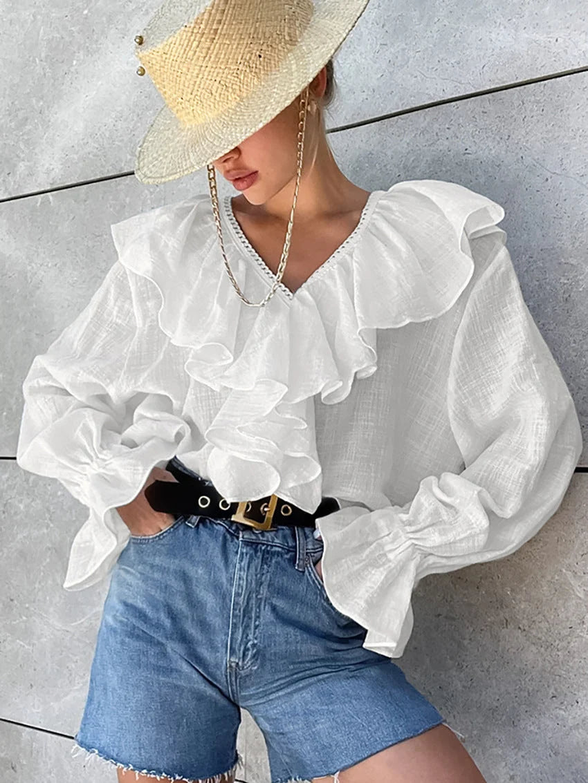 Baumwollbluse mit Rüschen und Raglanärmeln Weiß