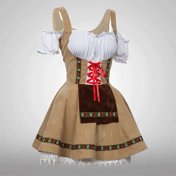 Women Velvet Lace Embroidery Oktoberfest Dirndl Dress Red