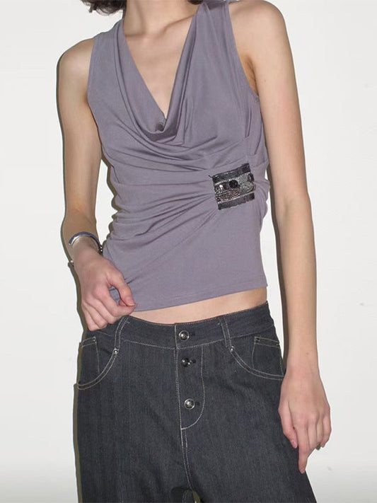 Damen Tanktop plissiert in Grau, Vorderansicht