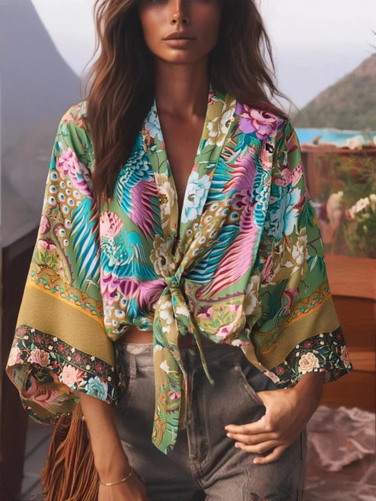Damen Kurz Rayon Blumiger Kimono Strandüberwurf