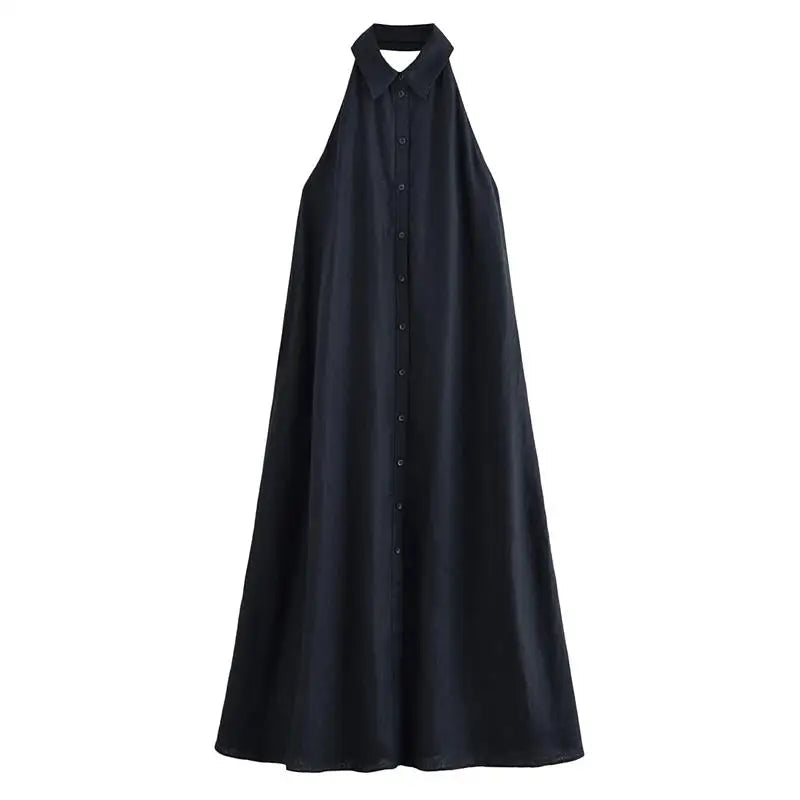 Damen Neckholder locker sitzendes atmungsaktives Sommerkleid Marineblau