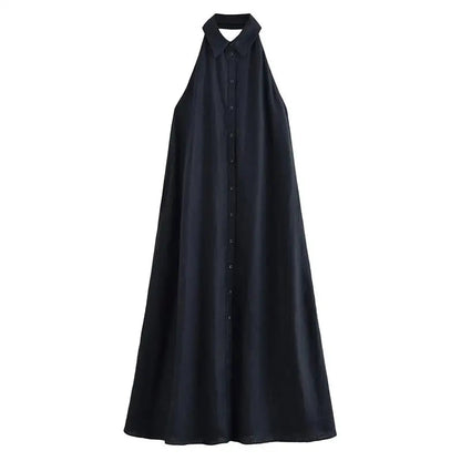 Damen Neckholder locker sitzendes atmungsaktives Sommerkleid Marineblau