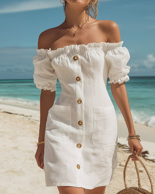 Damen Minikleid mit Puffärmeln und Carmen-Ausschnitt in Frontansicht