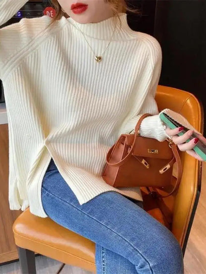 Damen Strickpullover mit Rollkragen und Knopfspalt-Detail