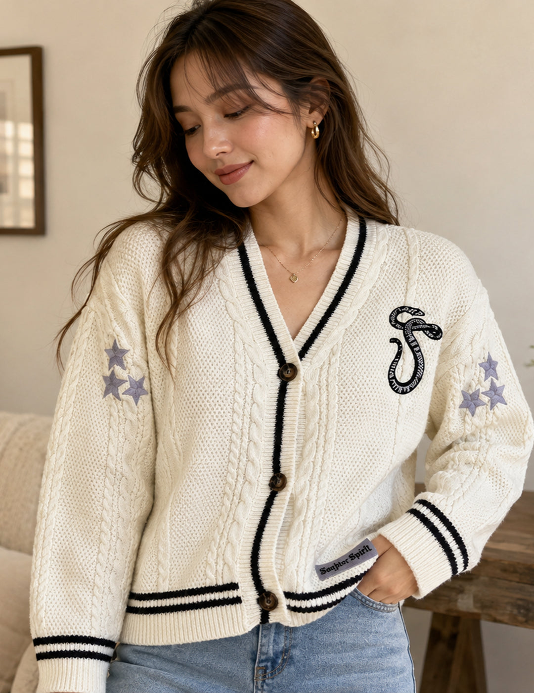 Damen Zopfstrick College Cardigan Mit V Ausschnitt