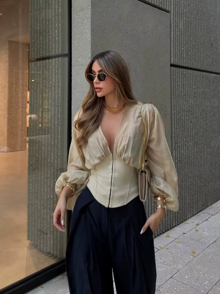 Women's corsage blouse with puff sleeves and gathered shoulder in sand