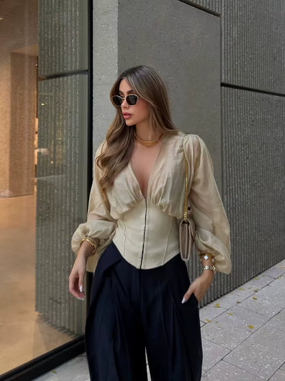 Women's corsage blouse with puff sleeves and gathered shoulder in sand