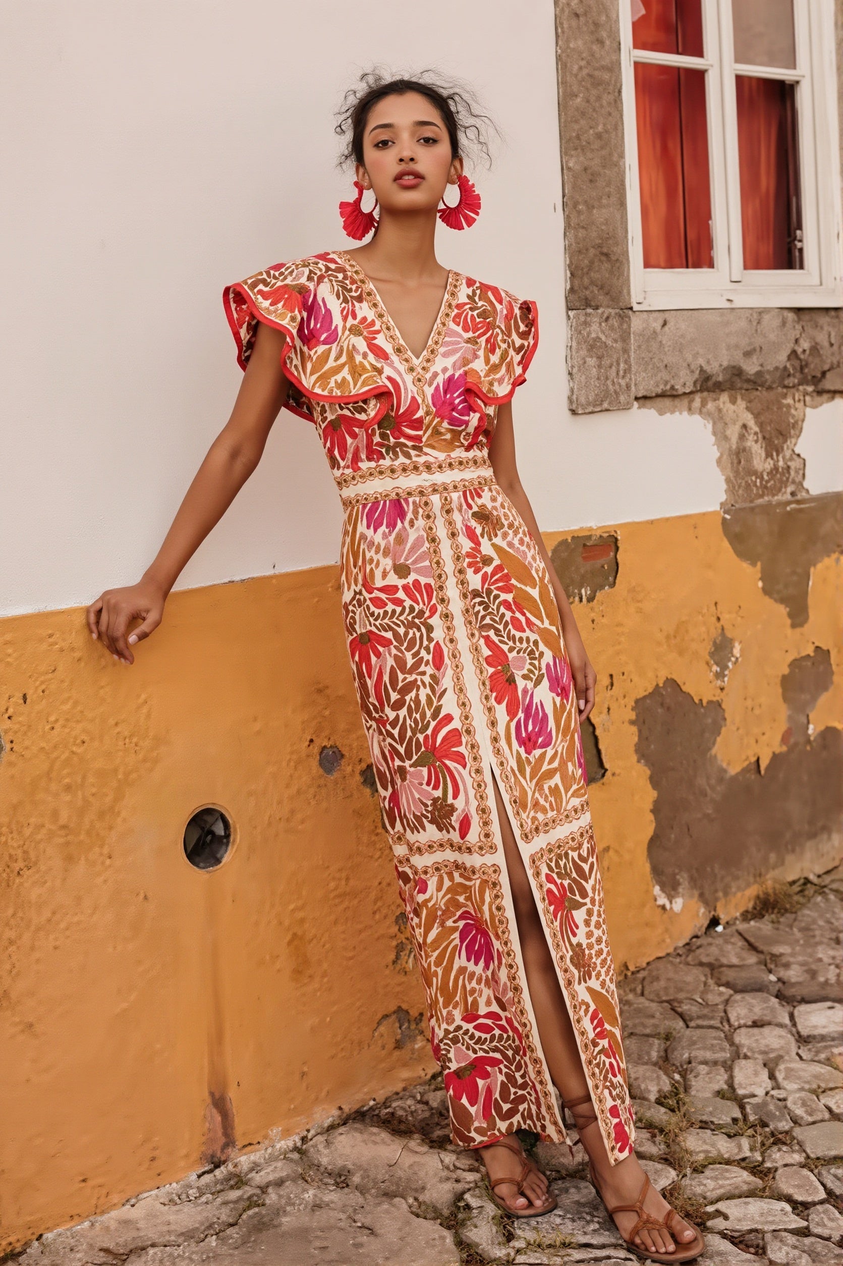 Maxikleid für Damen mit V-Ausschnitt, Blumenmuster und fließender Silhouette