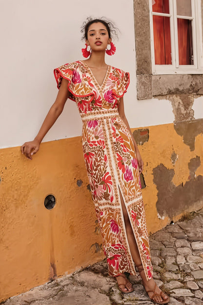 Maxikleid für Damen mit V-Ausschnitt, Blumenmuster und fließender Silhouette