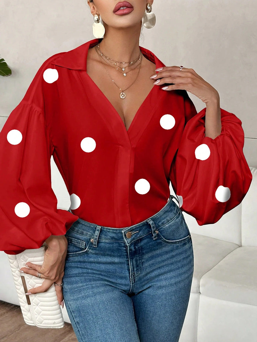 Damen Bluse Mit Polka Dot Falten Und Reverskragen