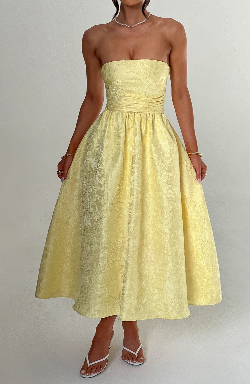 Floral Jacquard Trägerloses Midi-Kleid Zitrone