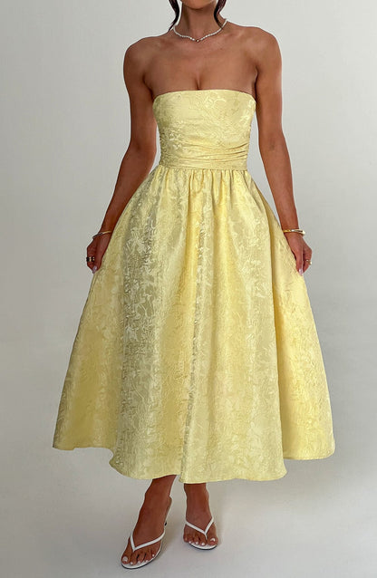 Floral Jacquard Trägerloses Midi-Kleid Zitrone