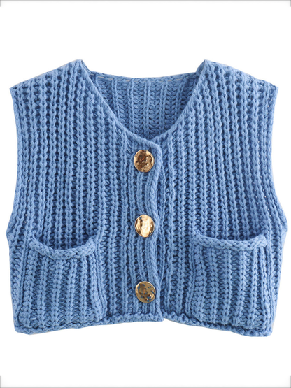 Damen Strickweste Ärmellos Mit Knopfleiste Und Taschen