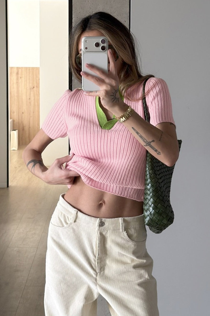 Damen Geripptes Polo Strickshirt Mit Kontrastkragen