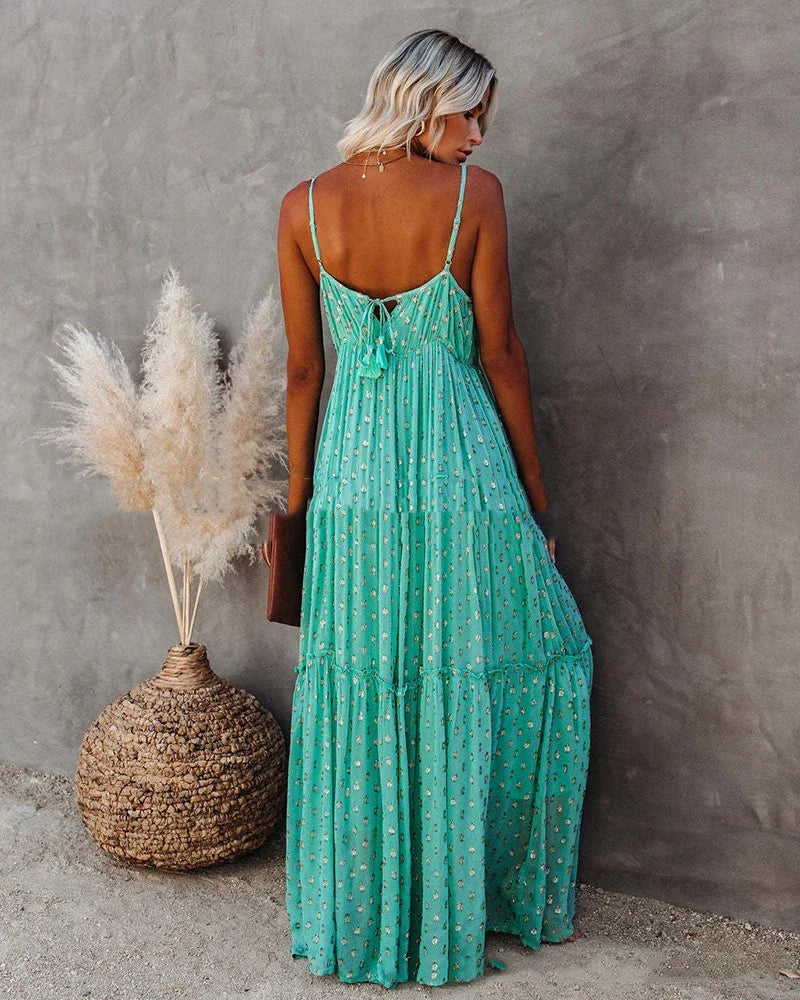 Boho Chic grünes langes Sommerkleid