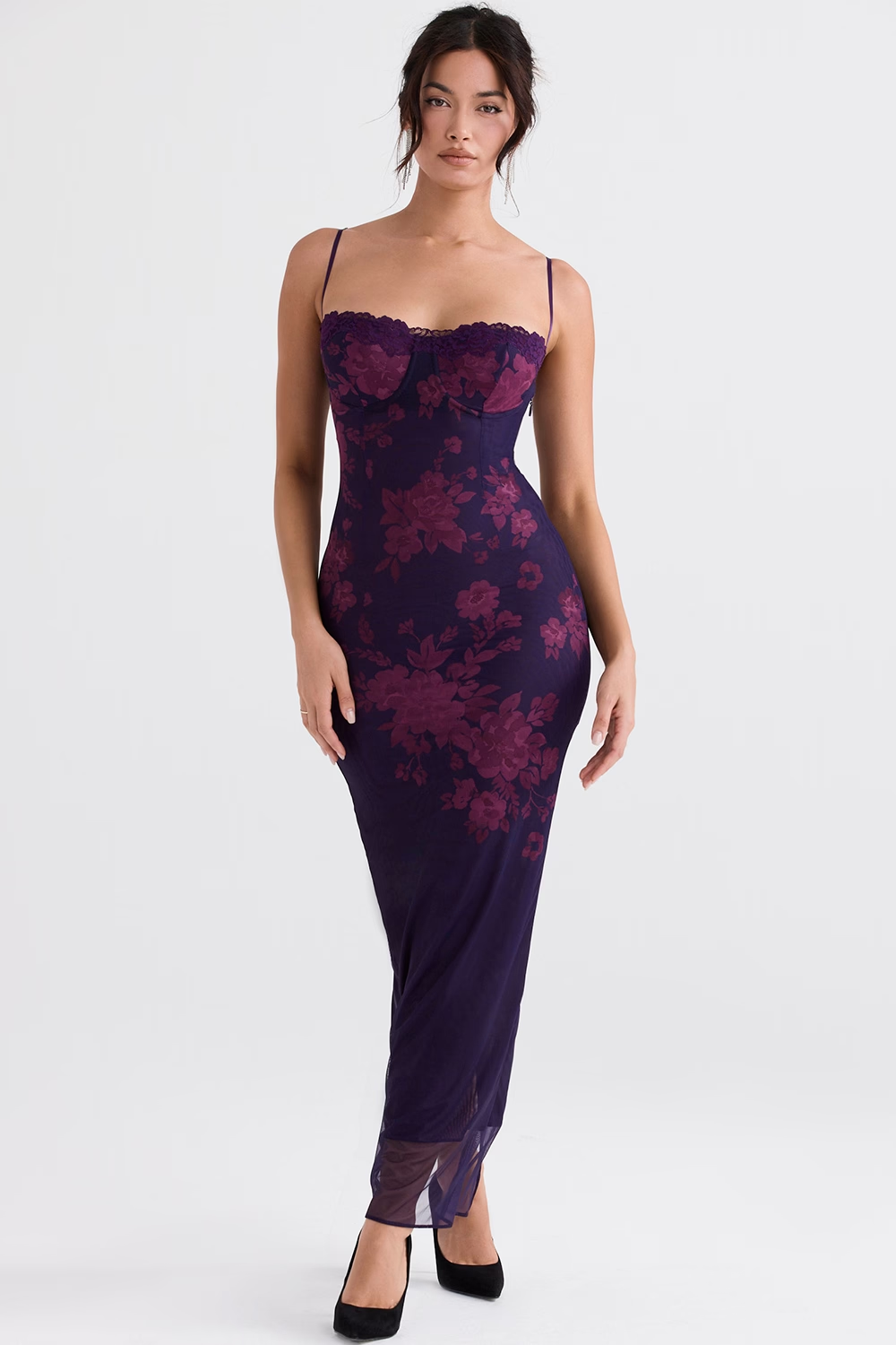 Maxikleid in Bodycon-Schnitt aus transparentem Floralem Mesh in Lila